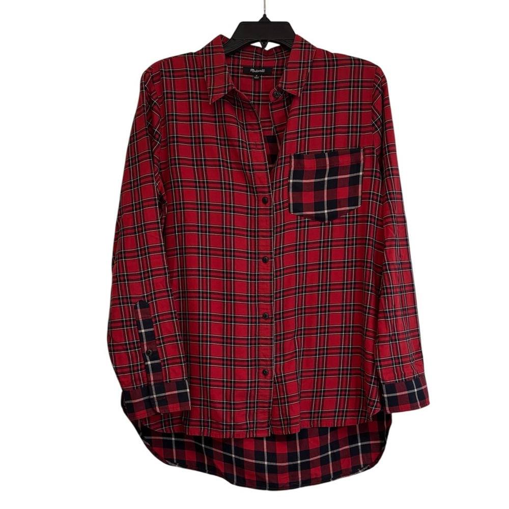 MADEWELL Red Black Plaid Flannel Oversized Button Down Shirt